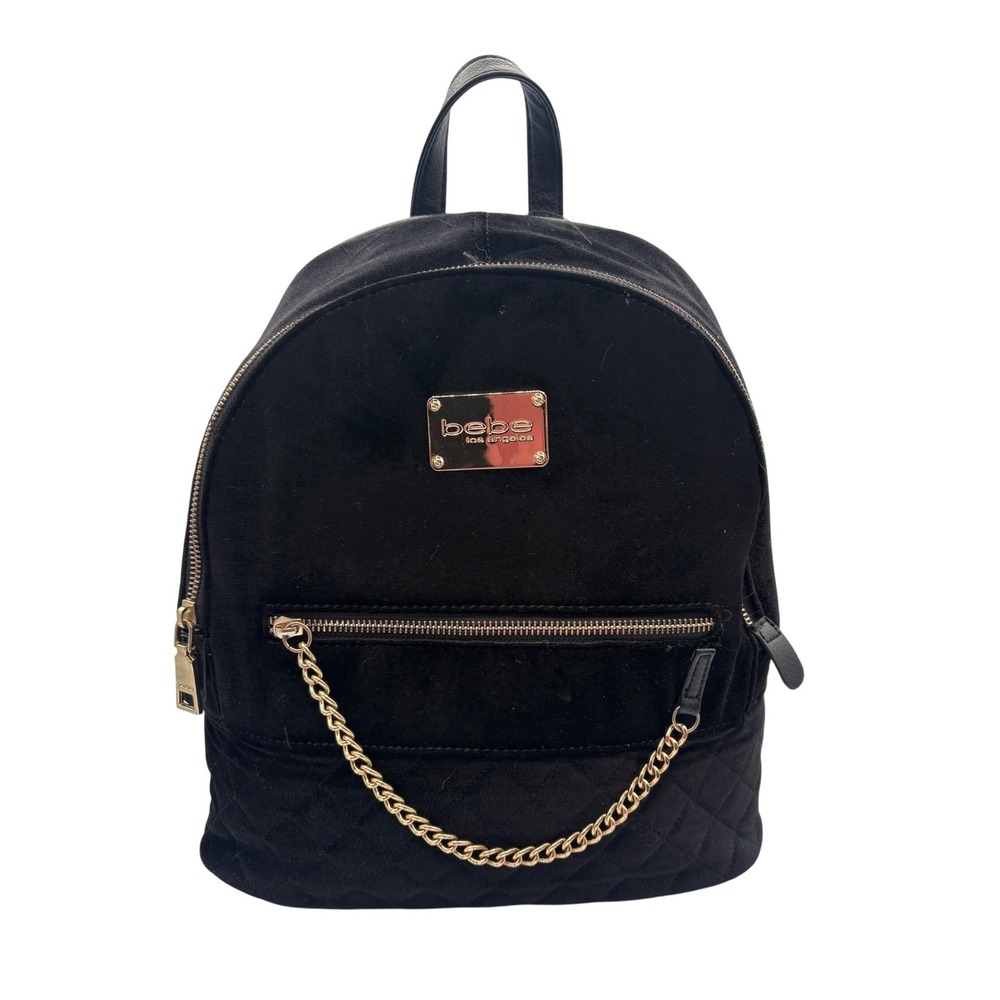 Bebe Mini Backpack Womens Black Excellent Velvet Quilted Gold Chain Logo